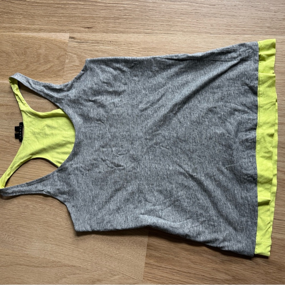 THEORY heather grey and citrus yellow/green REVERSIBLE racerback tank PRA